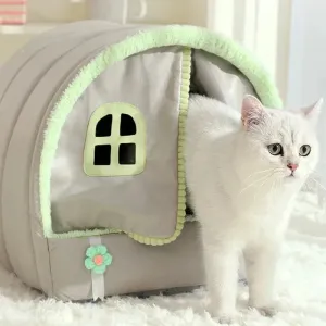 Closed Cat Nest Tent - Arch with Door Curtain, Windproof and Warm, Large Space for Deep Sleep, Suitable for Small to Medium Puppies, Winter Pet Supplies