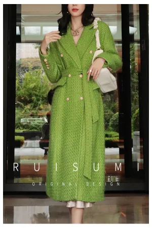 Elegant French style autumn and winter new high-end custom light luxury gold and silver silk small fragrant wind coat green fashionable woolen coat
