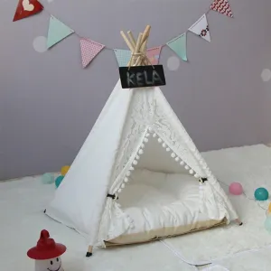 White Lace Pom Pom Dog Teepee with Dog Cushion