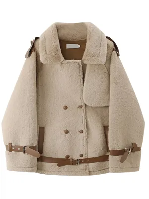 Winter New Woman Chic Overcoat Leather Lambs Wool Fashion Winter Jacket