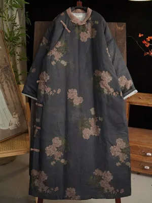 Women Autumn Ethnic Flower Ramie Robe Coat
