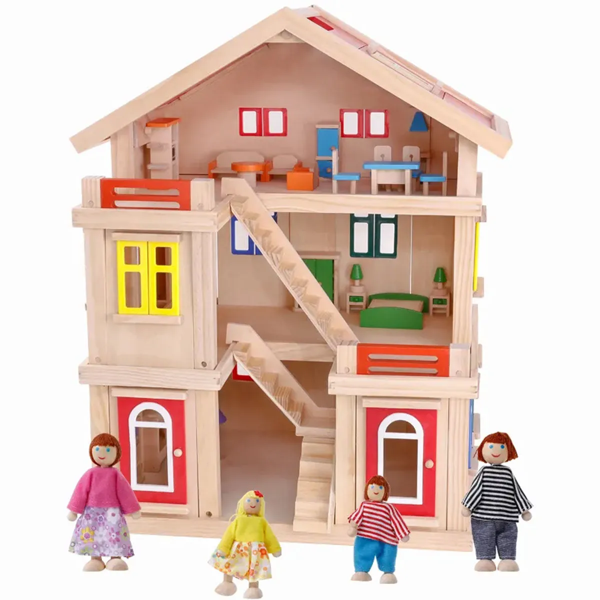 Wooden 3 Level DIY Dolls Doll House Girls Kids Pretend Play Toys Furniture Set Kit