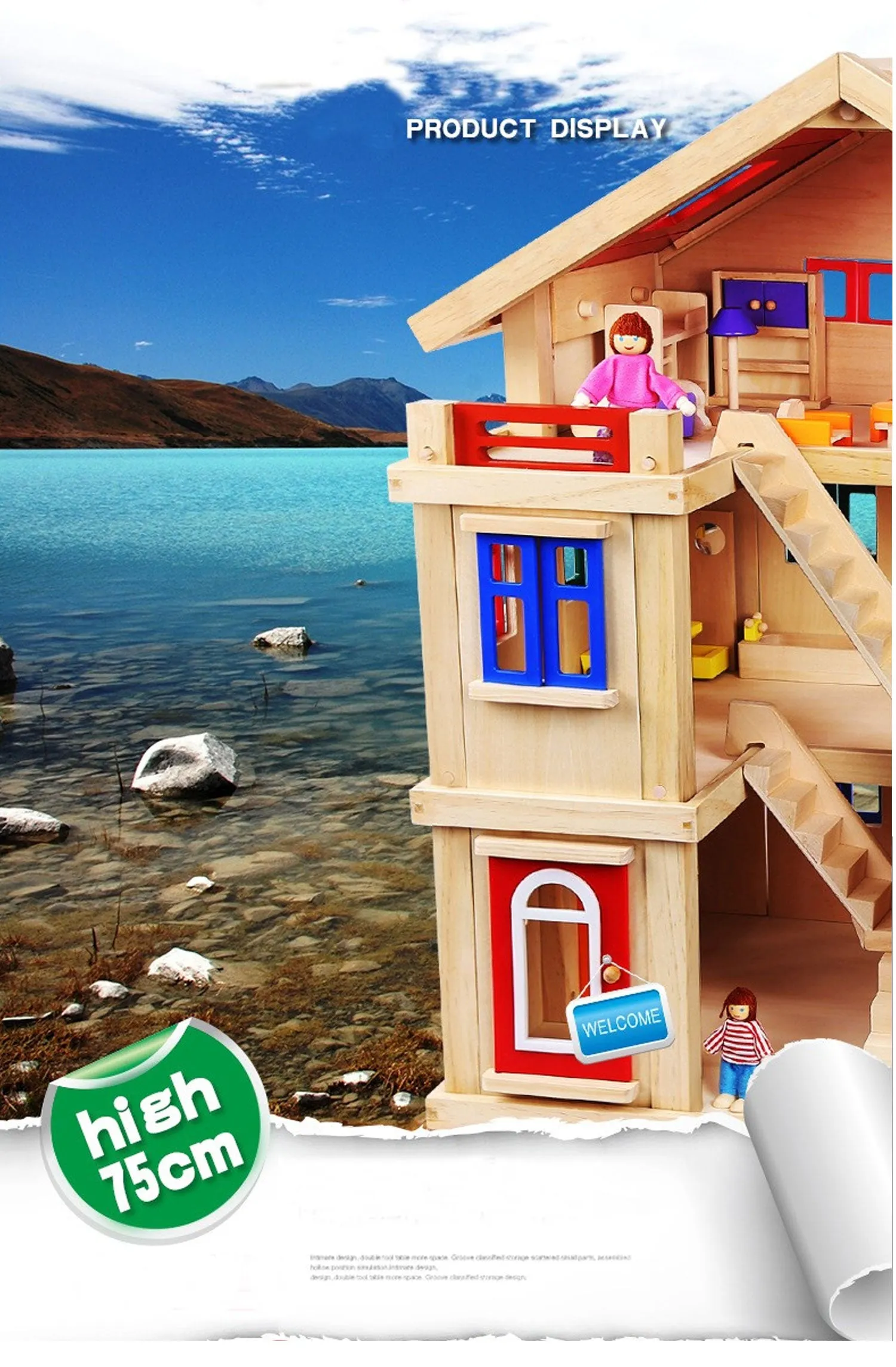 Wooden 3 Level DIY Dolls Doll House Girls Kids Pretend Play Toys Furniture Set Kit